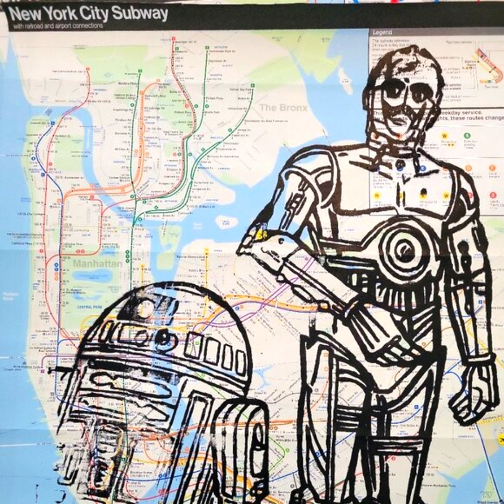Handpainted Disney Star Wars Droids R2D2 & C3PO on NYC Subway Map Acrylic Paint